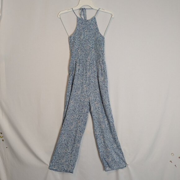 PATRONS OF PEACE Blue Floral Smocked Maxi Halter Jumpsuit; Size XS - Picture 1 of 5